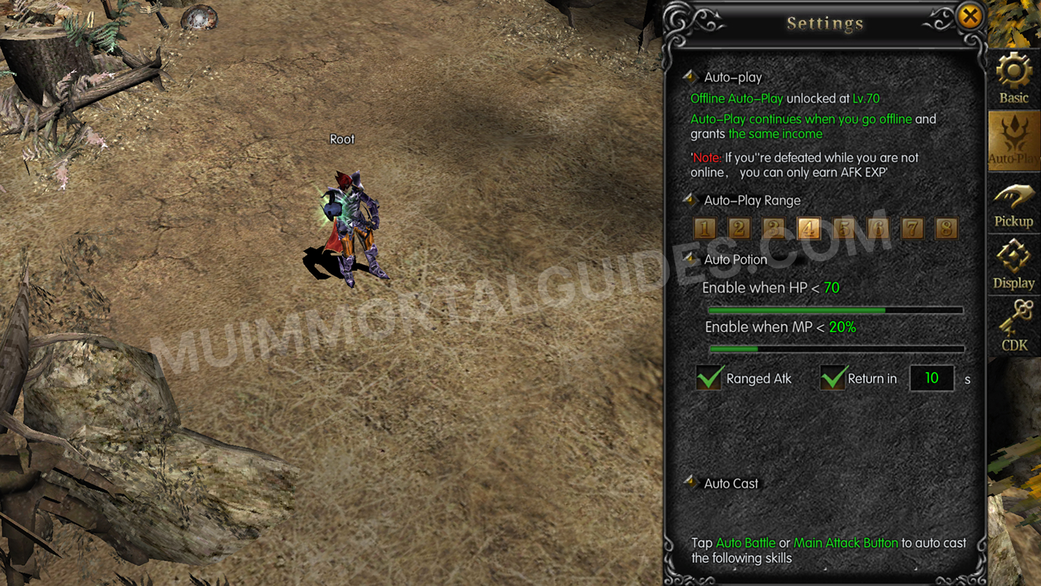 Screenshot of the auto-play settings in MU Immortal