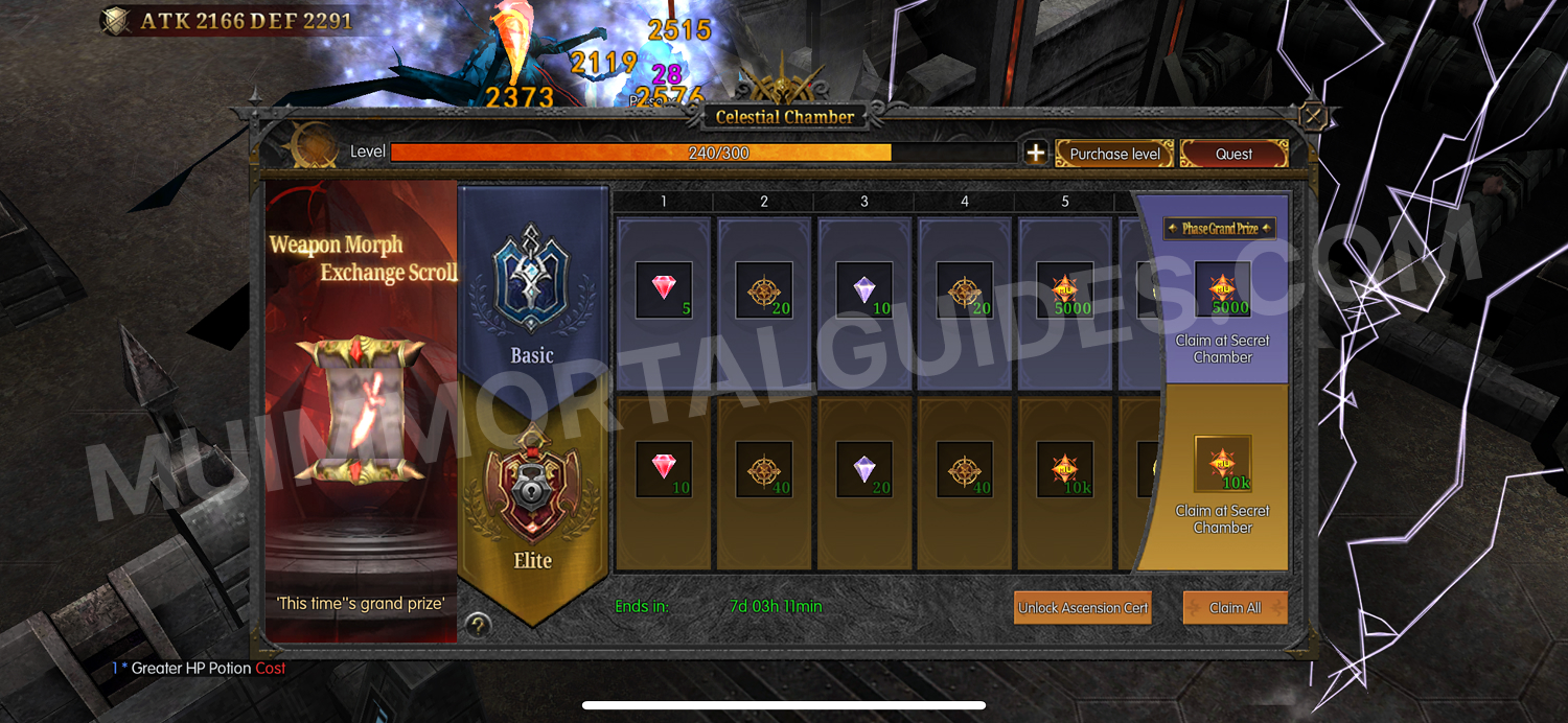 Screenshot of the Celestial Chamber quests in MU Immortal