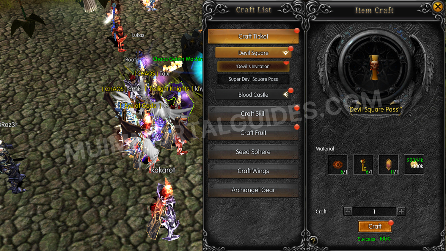 MU Immortal screenshot of Noria crafting tick