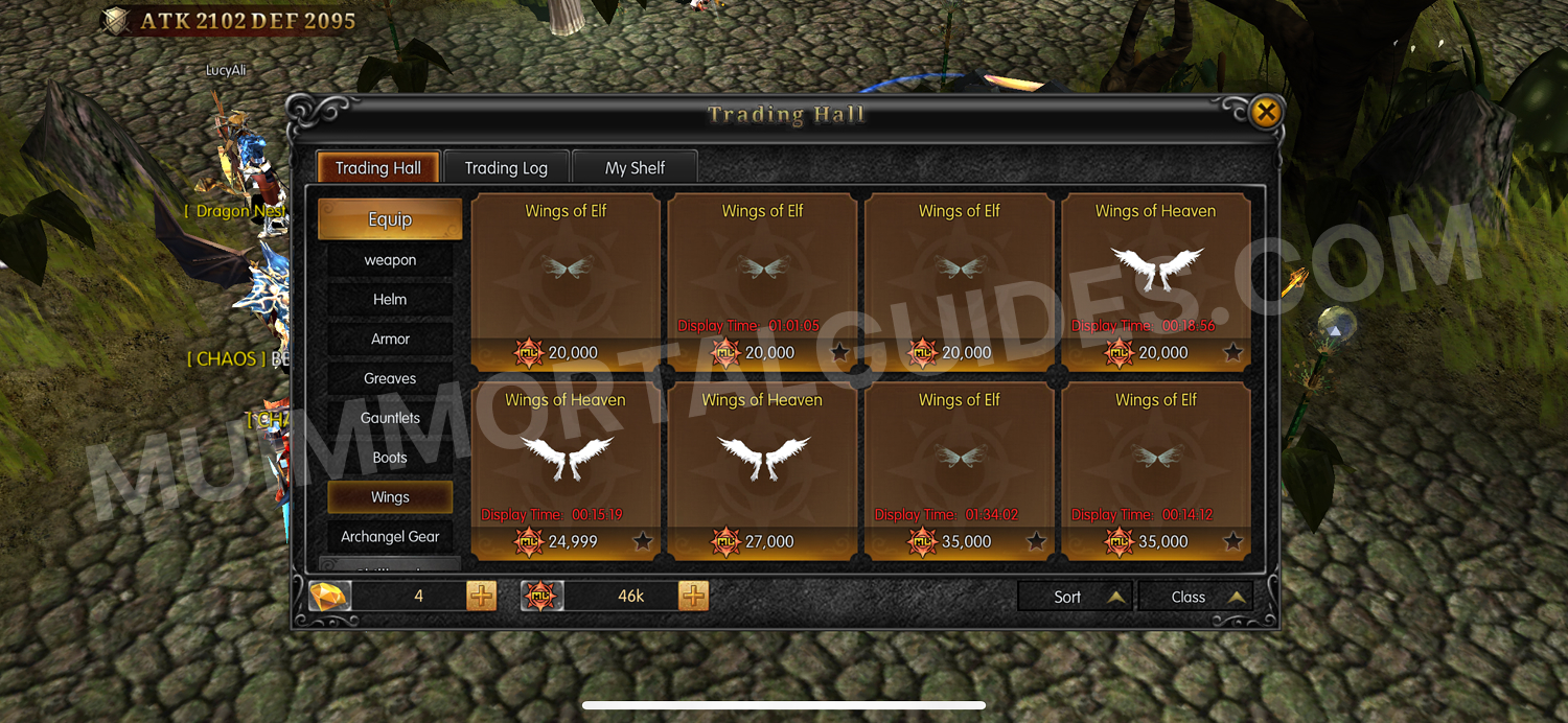 Screenshot of the Wings section in the Trading Hall