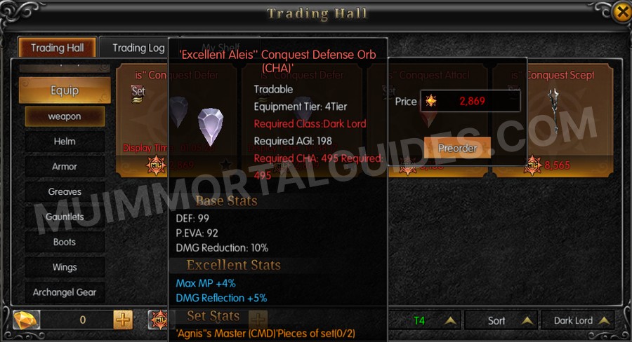 In-game screenshot of Excellent Aleis' Conquest Defense Orb (CHA) tooltip