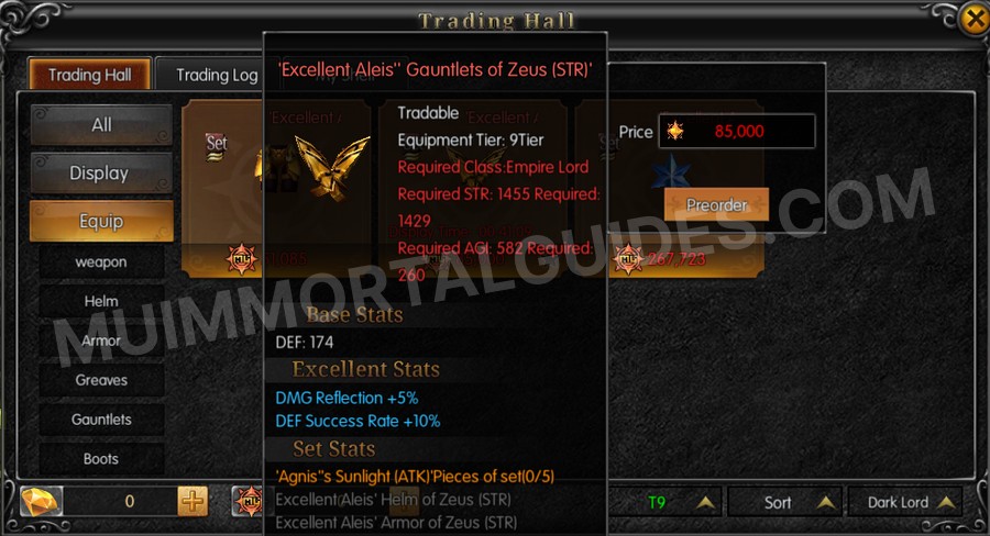 In-game screenshot of Excellent Aleis' Gauntlets of Zeus (STR) tooltip