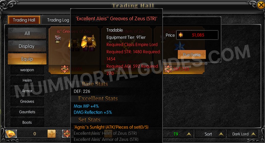 In-game screenshot of Excellent Aleis' Greaves of Zeus (STR) tooltip