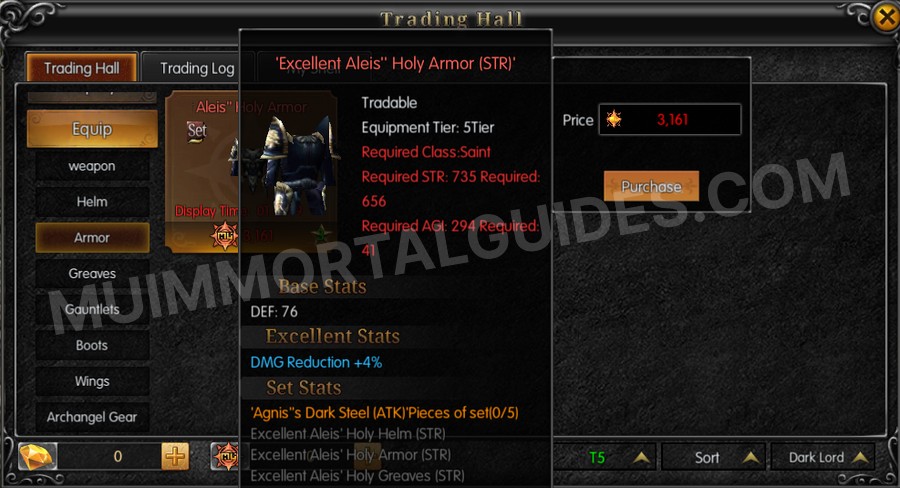 In-game screenshot of Excellent Aleis' Holy Armor (STR) tooltip