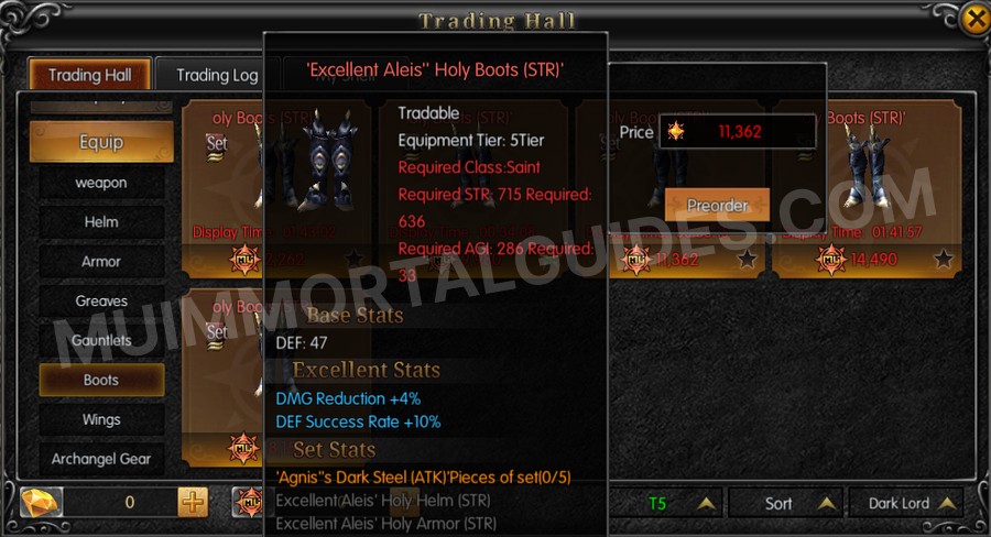 In-game screenshot of Excellent Aleis' Holy Boots (STR) tooltip