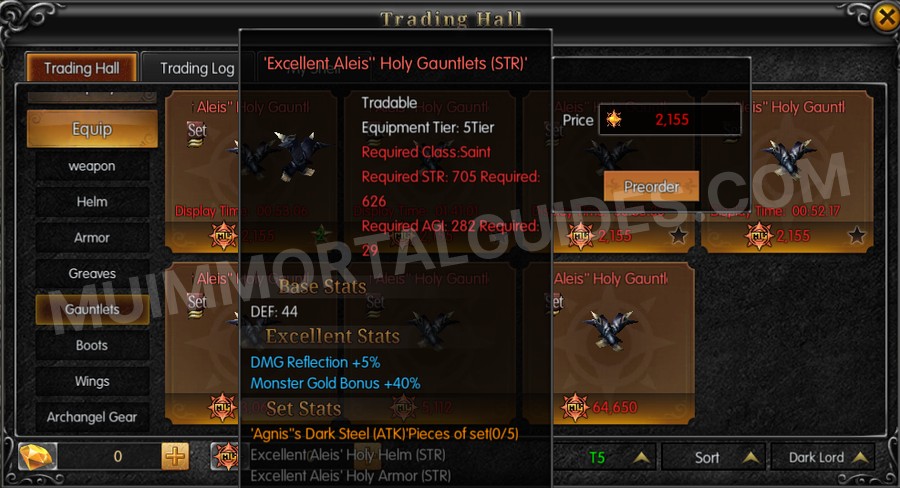 In-game screenshot of Excellent Aleis' Holy Gauntlets (STR) tooltip