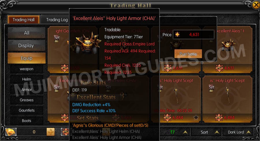 In-game screenshot of Excellent Aleis' Holy Light Armor (CHA) tooltip