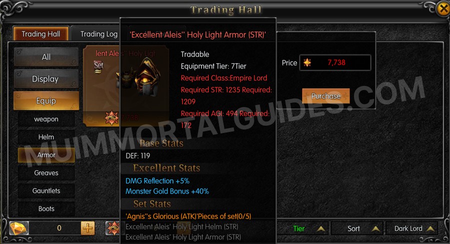 In-game screenshot of Excellent Aleis' Holy Light Armor (STR) tooltip