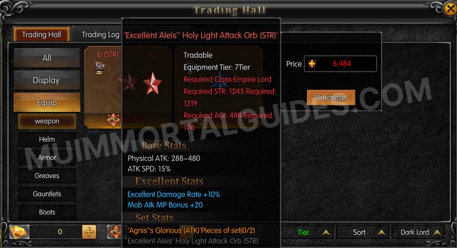 In-game screenshot of Excellent Aleis' Holy Light Attack Orb (STR) tooltip