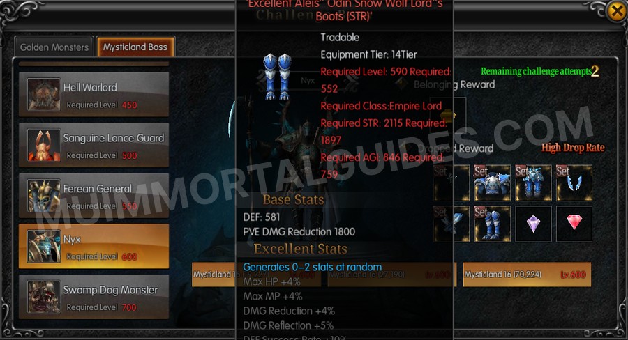 In-game screenshot of Excellent Aleis' Odin Snow Wolf Lord's Boots (STR) tooltip