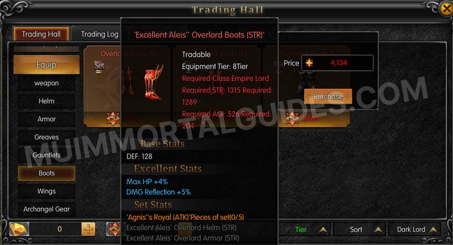 In-game screenshot of Excellent Aleis' Overlord Boots (STR) tooltip