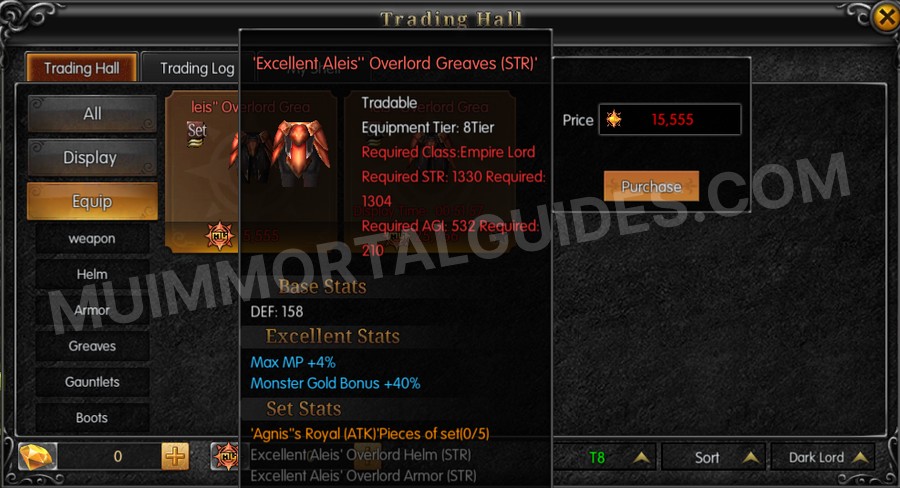 In-game screenshot of Excellent Aleis' Overlord Greaves (STR) tooltip