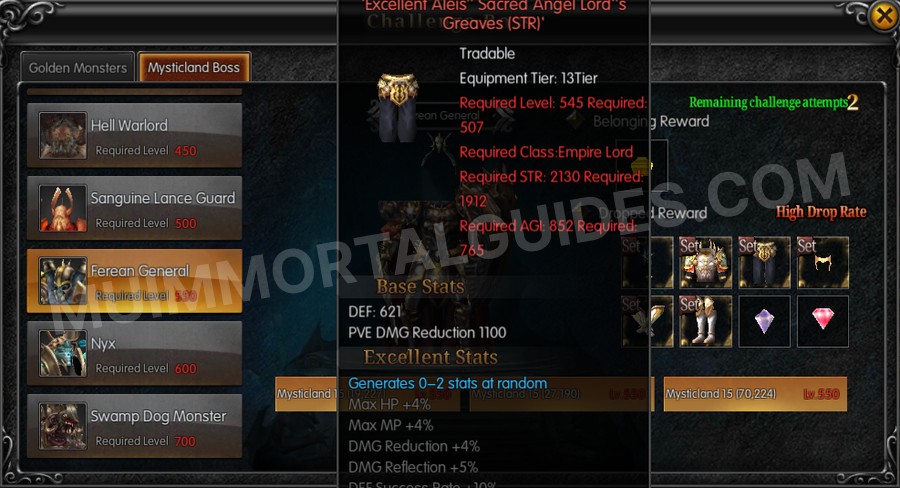 In-game screenshot of Excellent Aleis Sacred Angel Lord's Greaves (STR) tooltip