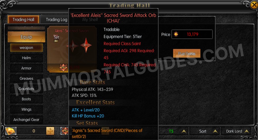 In-game screenshot of Excellent Aleis' Sacred Sword Attack Orb (CHA) tooltip