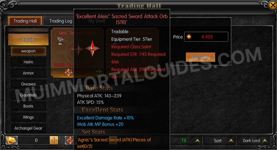 In-game screenshot of Excellent Aleis' Sacred Sword Attack Orb (STR) tooltip