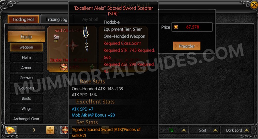 In-game screenshot of Excellent Aleis' Sacred Sword Scepter (STR) tooltip