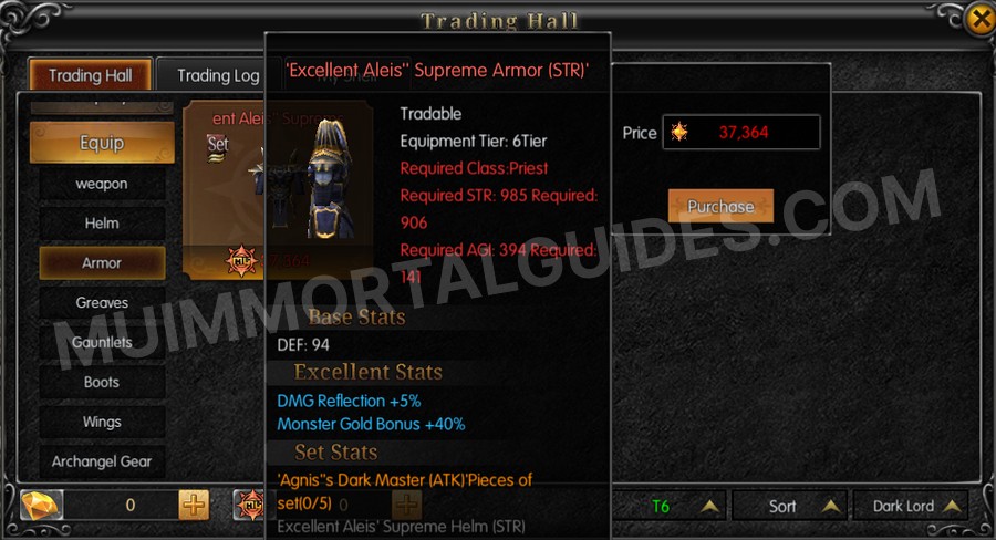 In-game screenshot of Excellent Aleis' Supreme Armor (STR) tooltip