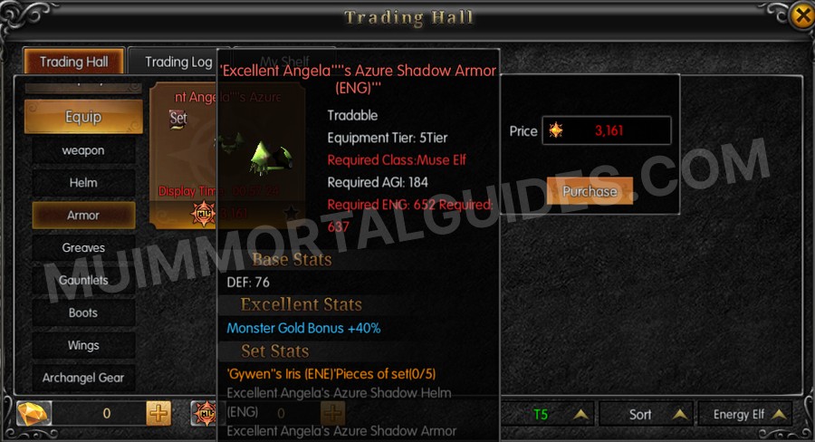 In-game screenshot of Excellent Angela's Azure Shadow Armor (ENG) tooltip