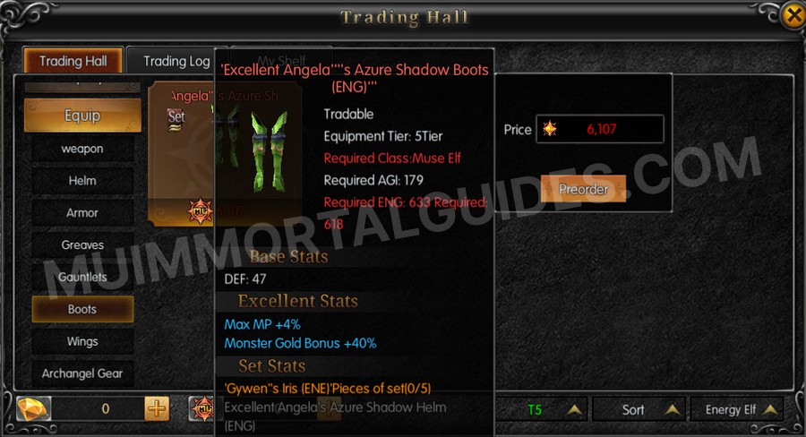 In-game screenshot of Excellent Angela's Azure Shadow Boots (ENG) tooltip