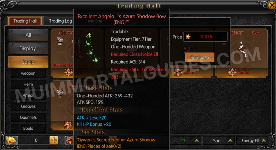 In-game screenshot of Excellent Angela's Azure Shadow Bow (ENG) tooltip