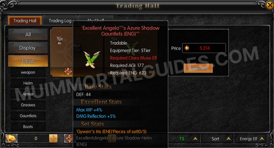 In-game screenshot of Excellent Angela's Azure Shadow Gauntlets (ENG) tooltip
