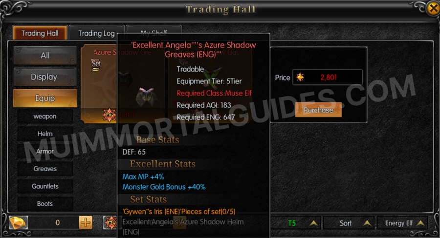 In-game screenshot of Excellent Angela's Azure Shadow Greaves (ENG) tooltip