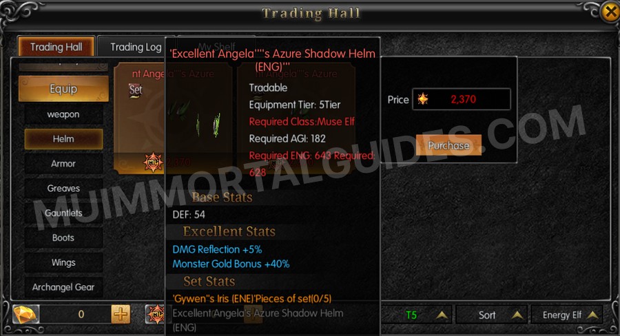 In-game screenshot of Excellent Angela's Azure Shadow Helm (ENG) tooltip