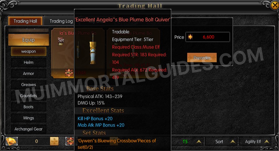 In-game screenshot of Excellent Angela's Blue Plume Bolt Quiver tooltip