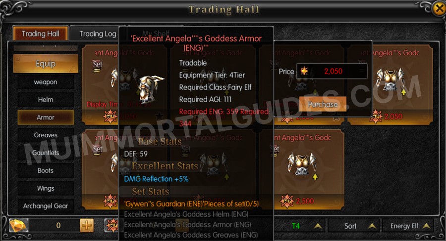 In-game screenshot of Excellent Angela's Goddess Armor (ENG) tooltip