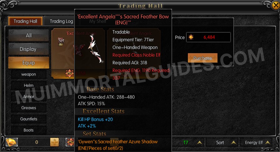 In-game screenshot of Excellent Angela's Sacred Feather Bow (ENG) tooltip