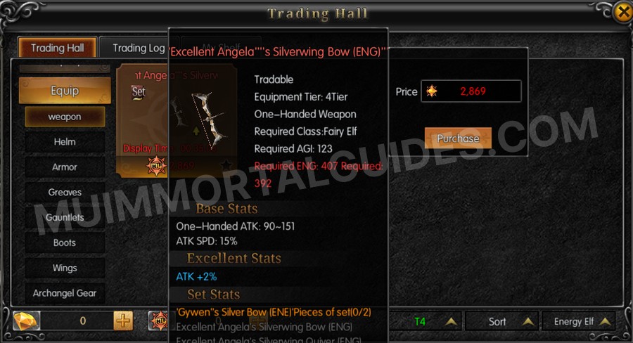 In-game screenshot of Excellent Angela's Silverwing Bow (ENG) tooltip