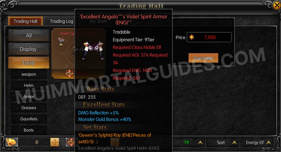 In-game screenshot of Excellent Angela's Violet Spirit Armor (ENG) tooltip