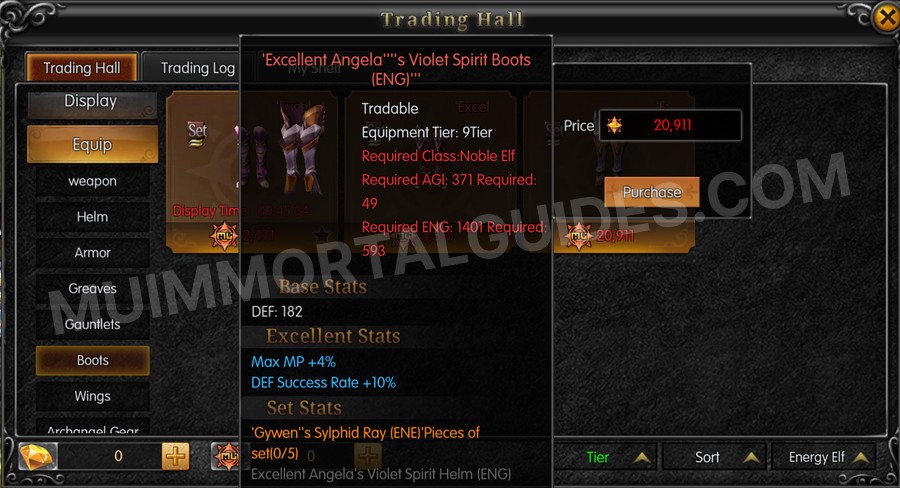 In-game screenshot of Excellent Angela's Violet Spirit Boots (ENG) tooltip