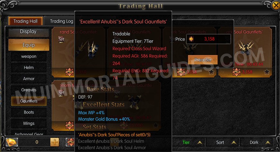 In-game screenshot of Excellent Anubis's Dark Soul Gauntlets tooltip