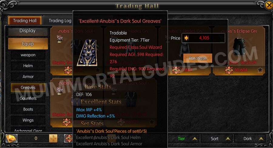 In-game screenshot of Excellent Anubis's Dark Soul Greaves tooltip