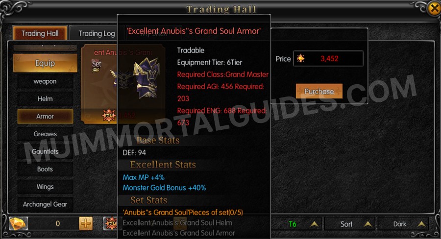In-game screenshot of Excellent Anubis's Grand Soul Armor tooltip