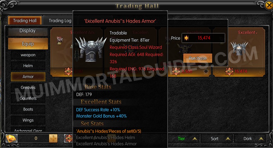 In-game screenshot of Excellent Anubis's Hades Armor tooltip