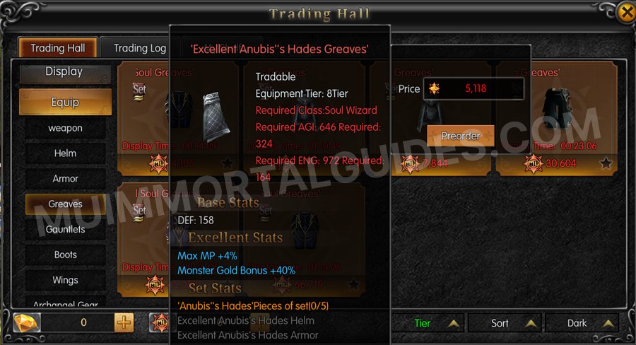 In-game screenshot of Excellent Anubis's Hades Greaves tooltip