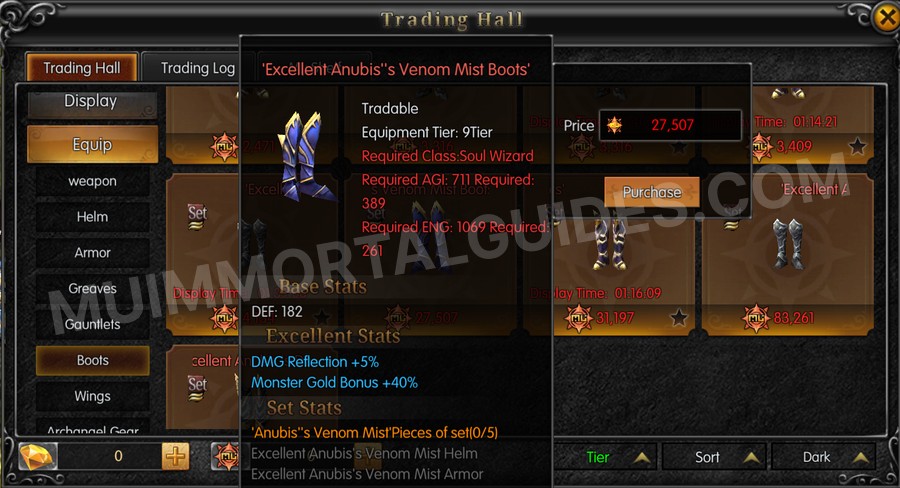 In-game screenshot of Excellent Anubis's Venom Mist Boots tooltip