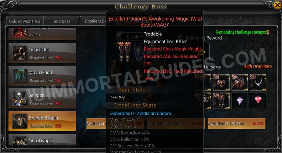 In-game screenshot of Excellent Gaion's Awakening Magic (WIZ) Boots (MAG) tooltip
