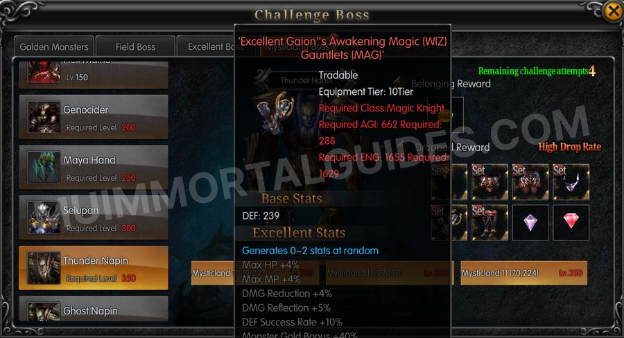 In-game screenshot of Excellent Gaion's Awakening Magic (WIZ) Gauntlets (MAG) tooltip