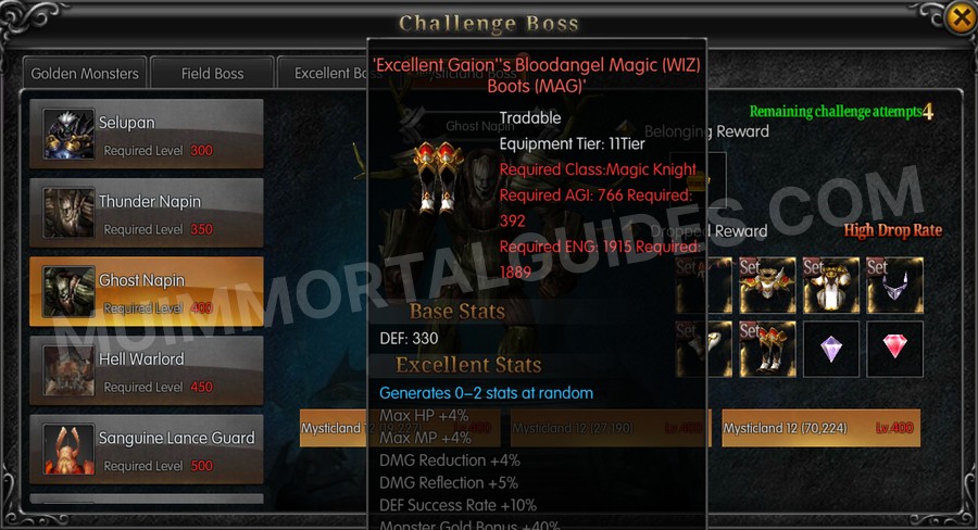 In-game screenshot of Excellent Gaion's Bloodangel Magic (WIZ) Boots (MAG) tooltip