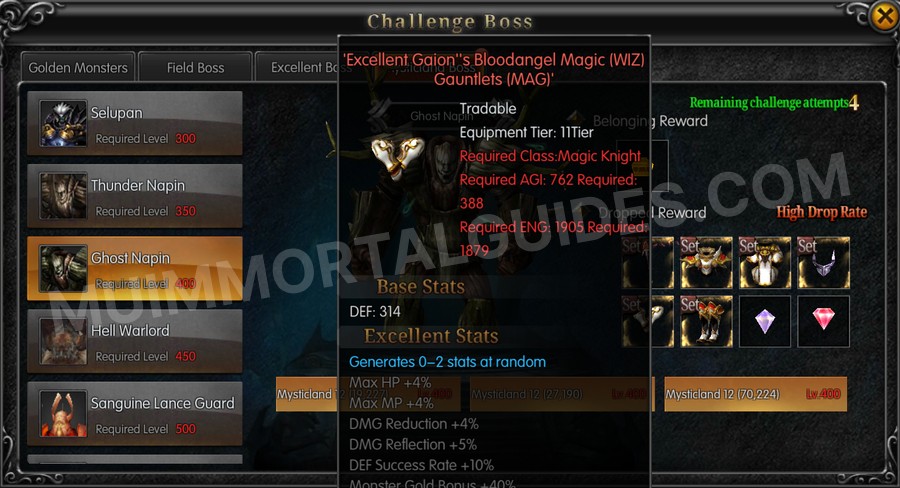 In-game screenshot of Excellent Gaion's Bloodangel Magic (WIZ) Gauntlets (MAG) tooltip
