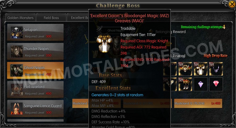 In-game screenshot of Excellent Gaion's Bloodangel Magic (WIZ) Greaves (MAG) tooltip