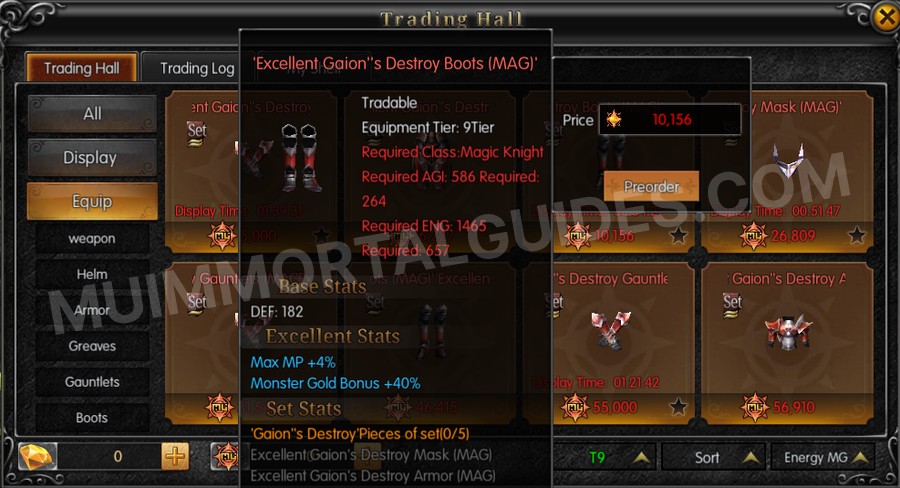 In-game screenshot of Excellent Gaion's Destroy Boots (MAG) tooltip