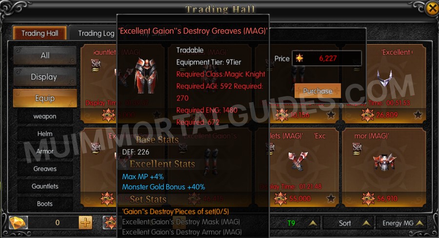 In-game screenshot of Excellent Gaion's Destroy Greaves (MAG) tooltip