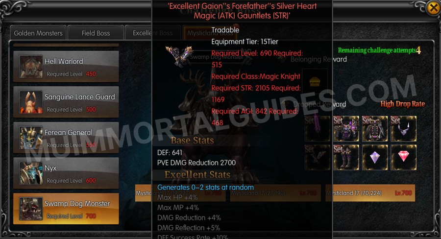 In-game screenshot of Excellent Gaion's Forefather's Silver Heart Magic (ATK) Gauntlets (STR) tooltip