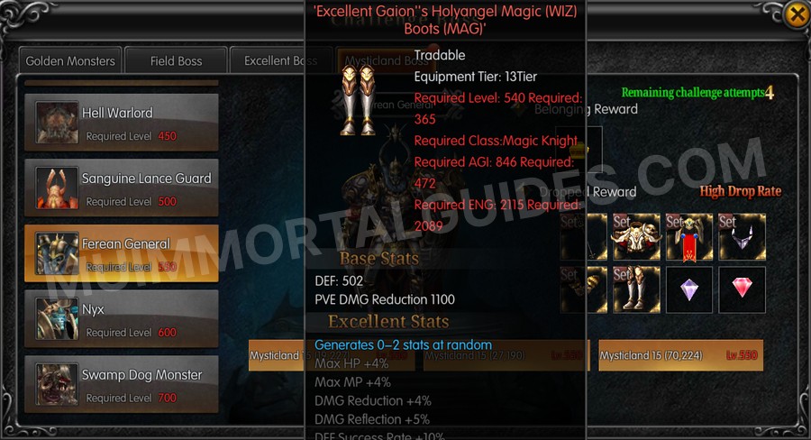 In-game screenshot of Excellent Gaion's Holyangel Magic (WIZ) Boots (MAG) tooltip