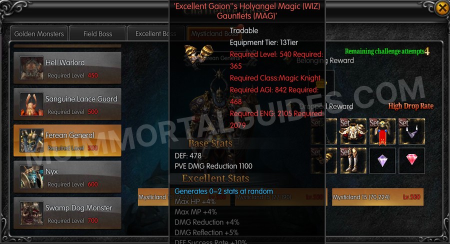 In-game screenshot of Excellent Gaion's Holyangel Magic (WIZ) Gauntlets (MAG) tooltip