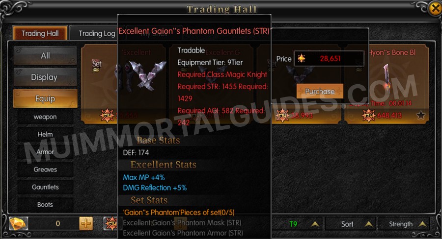 In-game screenshot of Excellent Gaion's Phantom Gauntlets (STR) tooltip
